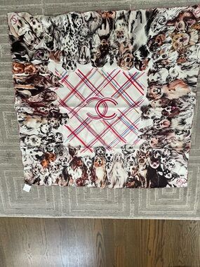 CHANEL Dog-Print Silk Scarf — Cream, Pink, Black, Brown